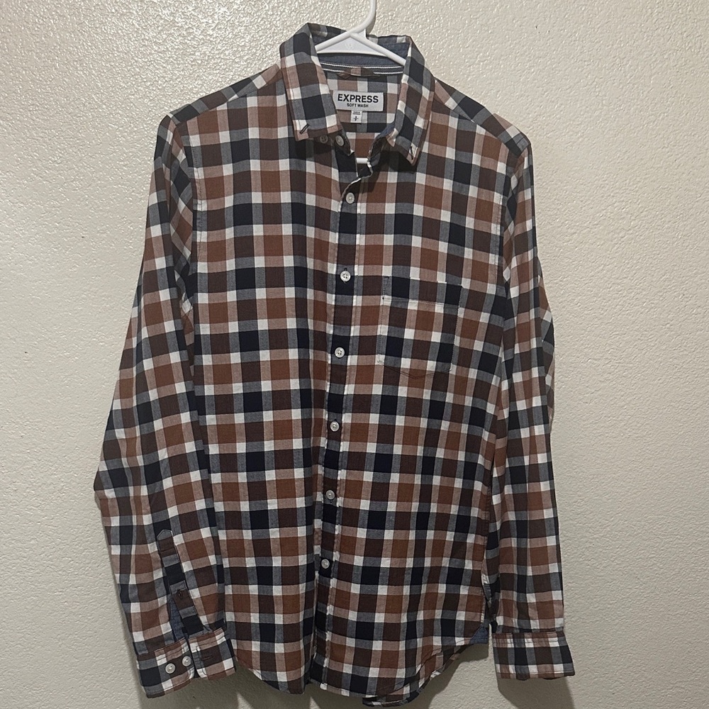 Express Men's Checkered Brown and White Shirt